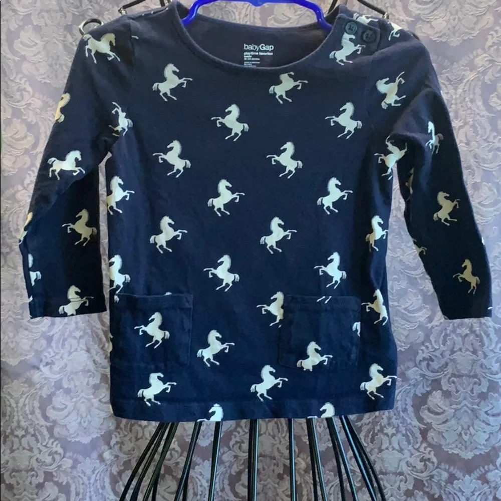 Baby Gap Horse Print Shirt Button Neck Long Sleeve Pockets Tee 100% Cotton